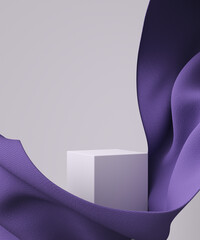 Wall Mural - Abstract minimal scene for product display, object placement background and flying purple fabric, 3d rendering