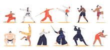Set Of Asian Martial Art Fighters. Karate, Akido, Taekwondo, Kung Fu, Sambo, Sumo, Box, Kickboxing
