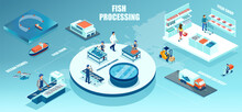 Vector Of A Seafood Processing Chain Of Distribution From Boat Fishing To Seafood Delivery To A Grocery Store