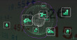 Image of ecology and green energy icons over globe of connections
