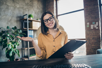 Poster - Portrait of attractive cheerful girl leader partner top hr expert talking on web discussing development at work place station indoors