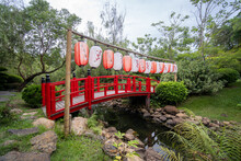 Japanese Red Bridge And Pond In Forest
