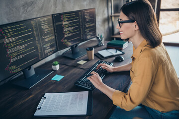 Profile side view portrait of attractive cheery girl editing source html debugging modify at workplace workstation indoors