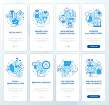 Discount Strategy Blue Onboarding Mobile App Screen Set. Sales Walkthrough 4 Steps Editable Graphic Instructions With Linear Concepts. UI, UX, GUI Template. Myriad Pro-Bold, Regular Fonts Used