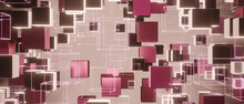 Abstract Flying Pink Cubes Frames Grids On A Pink Background. 3d Render Illustration.