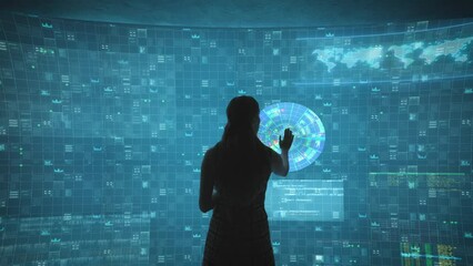 back view of woman standing at large modern touch screen and reading information. futuristic idea of