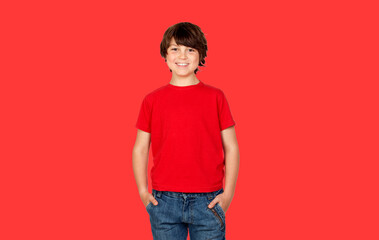 Cute brunette boy in red t shirt