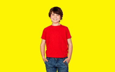 Poster - Cute brunette boy in red t shirt