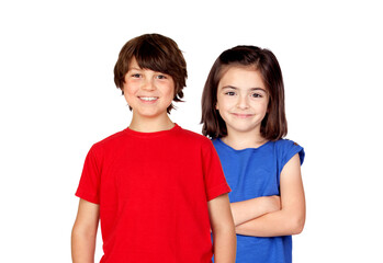 Sticker - Childhood, fashion and people concept - happy smiling boy and girl looking at camera