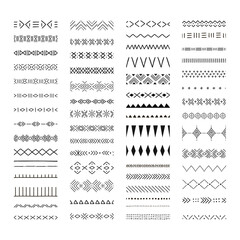 Wall Mural - Ethnic Tribal Boho hand drawn vector seamless line border set. Aztec Native geometric monochrome pattern brushes for African Mud Cloth inspired ornament, frames, borders, mandala creation.