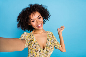 Poster - Photo of sweet shiny lady dressed print outfit tacking selfie arm inviting come isolated blue color background