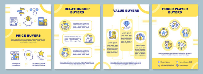 Dealing with customers yellow brochure template. Marketing. Leaflet design with linear icons. Editable 4 vector layouts for presentation, annual reports. Arial-Black, Myriad Pro-Regular fonts used