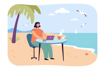 Girl working at table on beach flat vector illustration. Woman sitting, looking at laptop screen, working during summer vacation. Job, occupation concept for banner, website design or landing web page