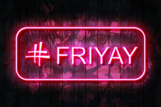 # Friyay neon sign on a Dark Wooden Wall 3D illustration with red heart background