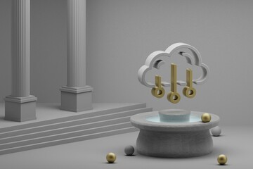 Fototapete - Beautiful abstract illustrations Cloud Data Storage symbol icon on a fountain and column background. 3d rendering illustration. Web Hosting.