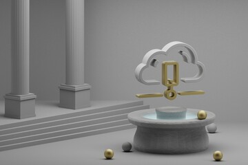 Fototapete - Beautiful abstract illustrations Cloud Data Storage symbol icon on a fountain and column background. 3d rendering illustration. Web Hosting.