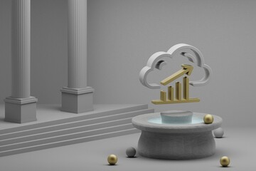 Fototapete - Beautiful abstract illustrations Cloud Database Server Analytics symbol icon on a fountain and column background. 3d rendering illustration. Web Hosting.