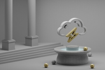Aufkleber - Beautiful abstract illustrations Cloud Thunder Bolt symbol icon on a fountain and column background. 3d rendering illustration. Web Hosting.