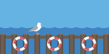 Travel Marine Design Lifebuoy And Sea Gull By The Ocean