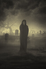 Wall Mural - ghost in dark scary cemetery