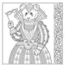 Panda Bear Animal Portrait. Fairytale Design, Coloring Book Page For Adults And Kids