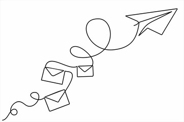 Wall Mural - paper plane and envelopes e mail list building illustration continuous one line art illustration. Can used for logo, emblem, slide show and banner. Illustration with quote template. 