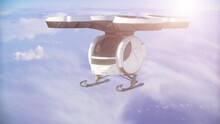 A White Unmanned Passenger Drone Taxi Flying. 3D Render 