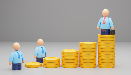 Wall Mural - A successful businessman stands on a stack of gold coins. Earnings of employees and business owners. 3d render