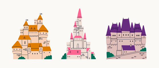 Set of three Medieval Castles. Royal kingdom towers, fortified palace. Old towers, fortress or fairy-tale stone castle. Cartoon style. Hand drawn colored trendy Vector illustration