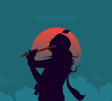 Happy Janmashtami Text With Lord Krishna Playing Flute Vector Illustration, And The Indian Festival Janmashtami Celebration Banner, Digital Post, Poster, And Card Design