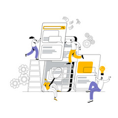 A team of developers, managers and designers creates a mobile app. The concept of a vector illustration in a flat style on the theme of mobile app development.