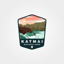 Katmai National Park Sticker Patch Logo Design, Wild Bear Eat Catch Fish Illustration Design