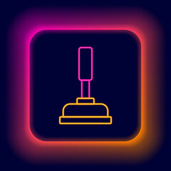 Sticker - Glowing neon line Rubber plunger with wooden handle for pipe cleaning icon isolated on black background. Toilet plunger. Colorful outline concept. Vector