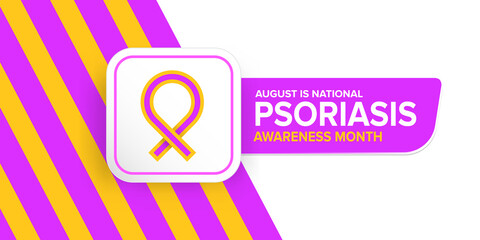 Wall Mural - Psoriasis awareness month concept horizontal banner design template with yellow and violet ribbon and text. August is national Psoriasis awareness month vector flyer or poster background