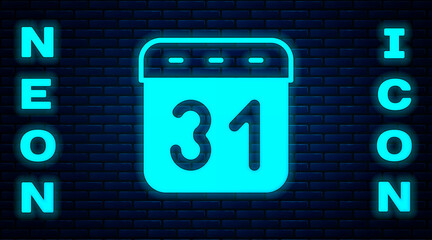 Sticker - Glowing neon Calendar icon isolated on brick wall background. Event reminder symbol. Vector