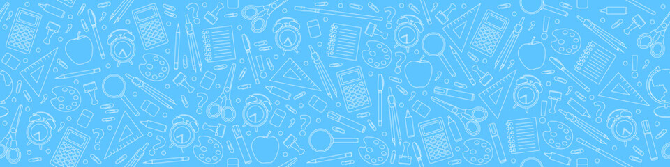School blue background. Seamless background with drawings of various school subjects. Vector illustration. Pattern with doodles