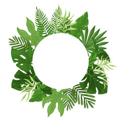 Wall Mural - Tropical green palm leaves in a round frame. Hawaiian flyer with palm leaves isolated on white background. Vector