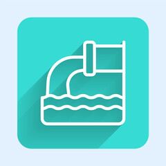 Sticker - White line Wastewater icon isolated with long shadow background. Sewer pipe. From the pipe flowing liquid into the river. Green square button. Vector