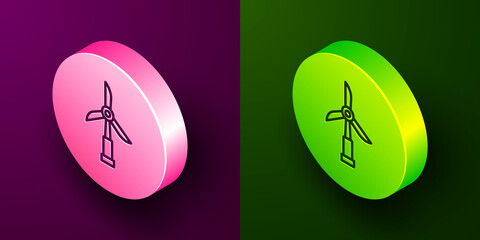 Canvas Print - Isometric line Wind turbine icon isolated on purple and green background. Wind generator sign. Windmill for electric power production. Circle button. Vector