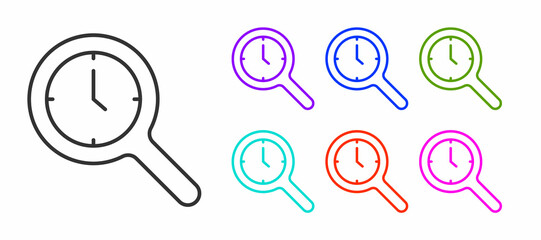 Canvas Print - Black line Magnifying glass with clock icon isolated on white background. Clock search. Set icons colorful. Vector