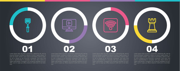 Wall Mural - Set line Spatula, Online play video, Wi-Fi wireless internet network and Business strategy. Business infographic template. Vector