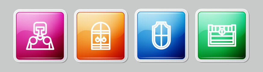 Canvas Print - Set line Medieval knight, castle gate, Shield and Antique treasure chest. Colorful square button. Vector