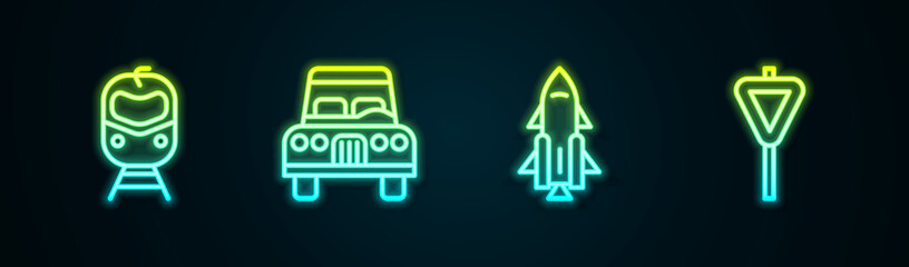 Wall Mural - Set line Train and railway, Car, Rocket ship with fire and Road traffic signpost. Glowing neon icon. Vector