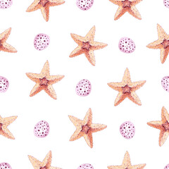 Watercolor seamless pattern of starfish. Marine surface design.