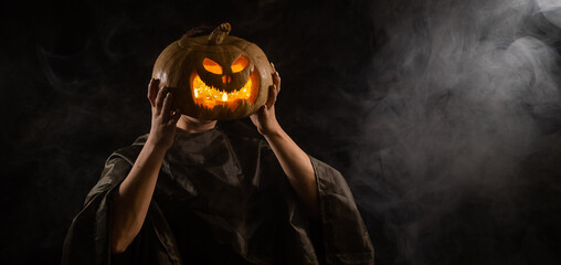 Wall Mural - Pumpkin jack o lantern instead of a woman's head. Halloween