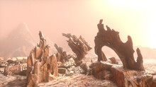 Scene From The Red Planet Mars  Background . Surface Exploration Of Cosmos And Other Life Forms, Desert Universe. 3D Render 