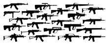 Weapons Silhouette Set. Collection Of Various Assult Rifles. Vector Illustration