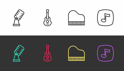 Sticker - Set line Microphone, Guitar, Grand piano and Music note, tone on black and white. Vector