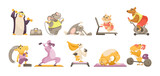 Fototapeta Pokój dzieciecy - Animal characters doing sport cartoon illustration set. Cute pets lifting dumbbells, practicing yoga, running on treadmill, jumping rope, stretching, doing step-aerobics. Fitness, activity concept