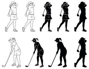 Wall Mural - Golf Swing with Woman / Female Golfer Clipart Set - Outline, Stamp and Silhouette